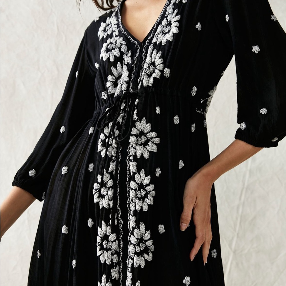 NWOT Free People Embroidered Fable Midi Black Dress with white embroidery M